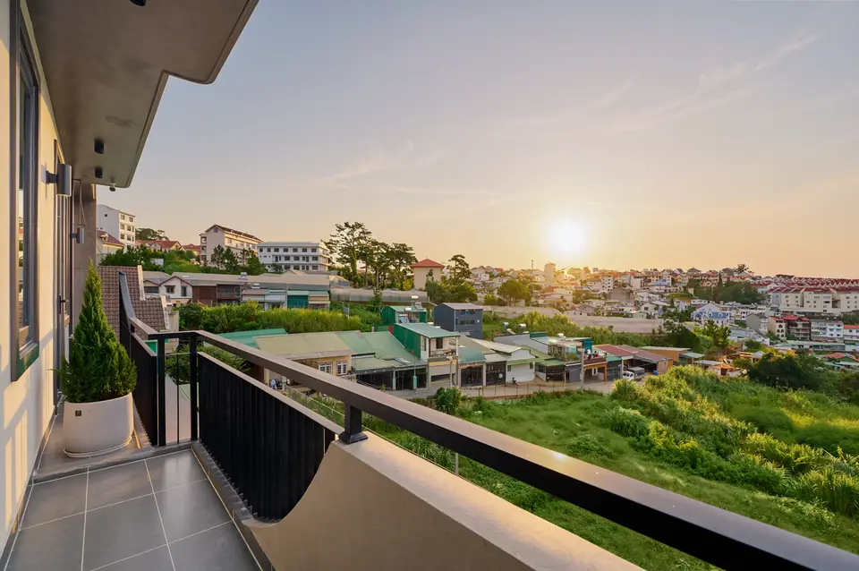 Balcony at sunset over the hills of Da Lat