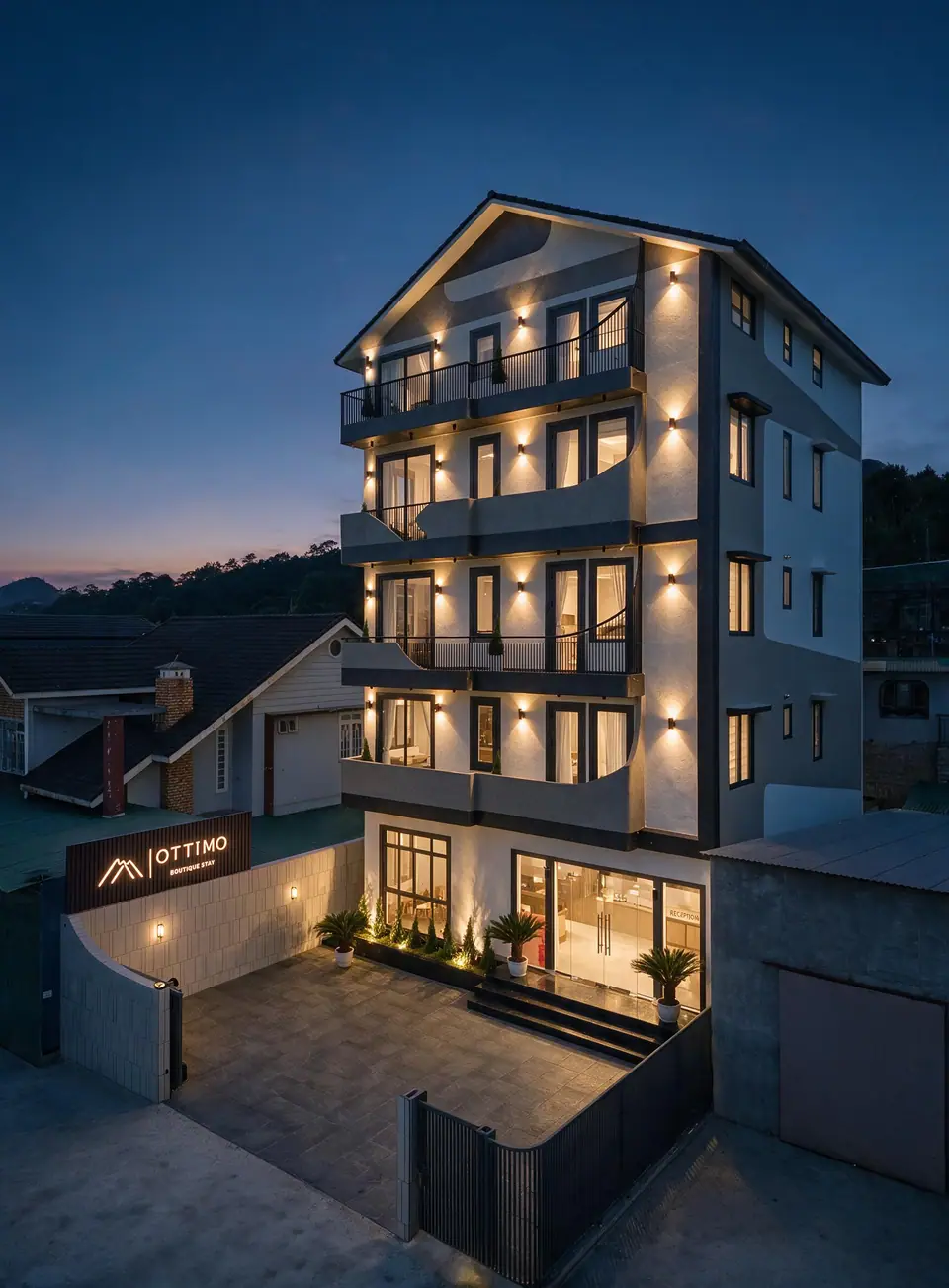 OTTIMO at dusk, with warm lights on every balcony